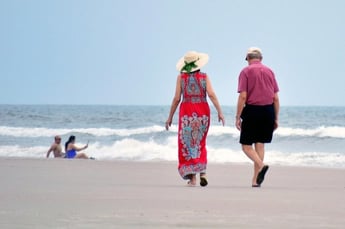 Post-retirement age couple walking on the beach